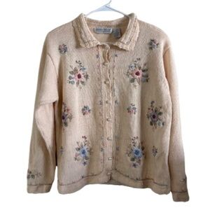 Vintage Carolyn Taylor Floral Embroidered Cardigan Pearl Button Cottagecore L